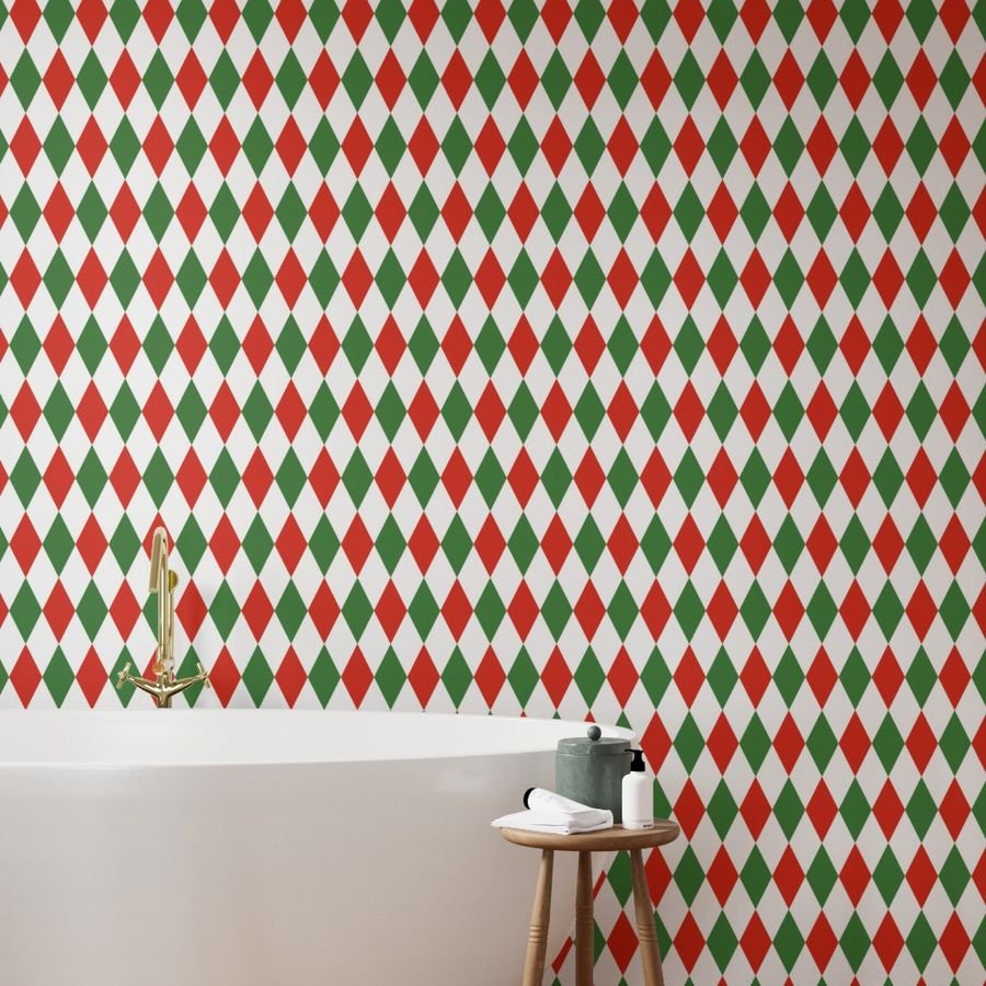 Jumbo Red Green Christmas Harlequin Diamond Check Wallpaper red and white wallpaper
