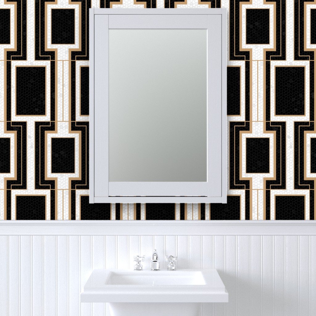 Jumbo Art Deco Geometric Rectangles in Cracked Black and Faux Gold Wallpaper off white wallpaper