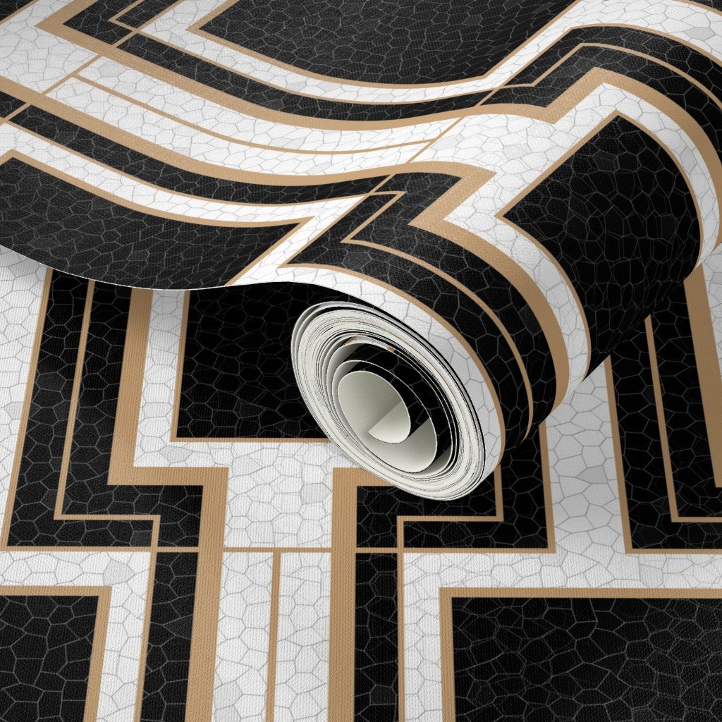 Small Art Deco Geometric Rectangles in Cracked Black and Faux Gold Wallpaper art deco wallpaper
