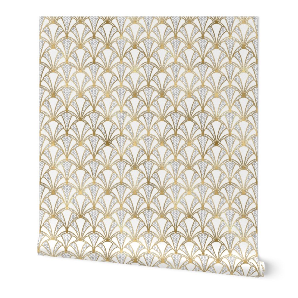 Crackled Cream Scallop Shells in Off White with Gold Art Deco Vintage Wallpaper art deco wallpaper