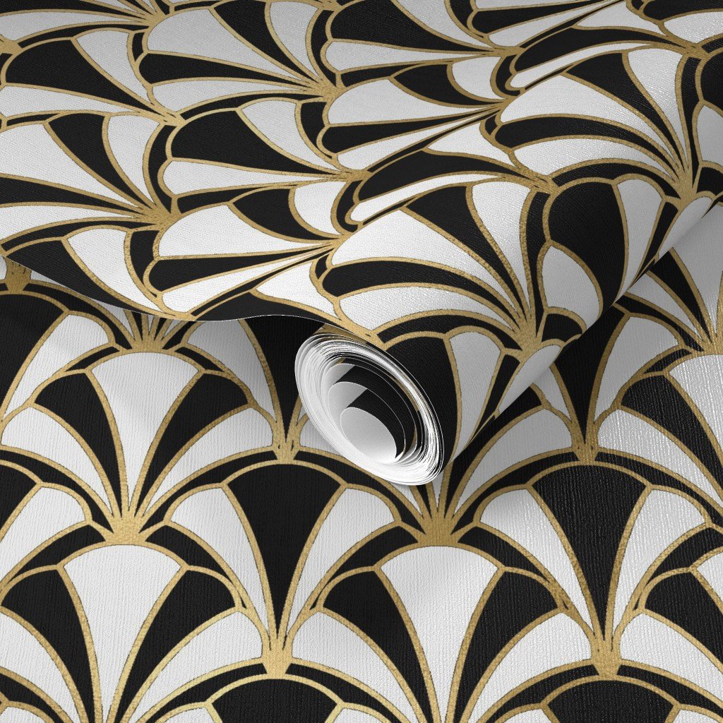 Scallop Shells in Black and Gold Art Deco Vintage Foil Pattern Wallpaper cracked eggshell wallpaper