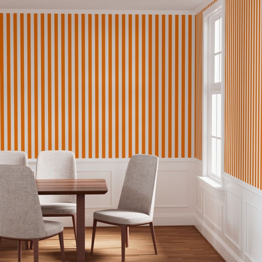 Florida Orange and White Vertical Stripes Wallpaper stripe fashion color wallpaper
