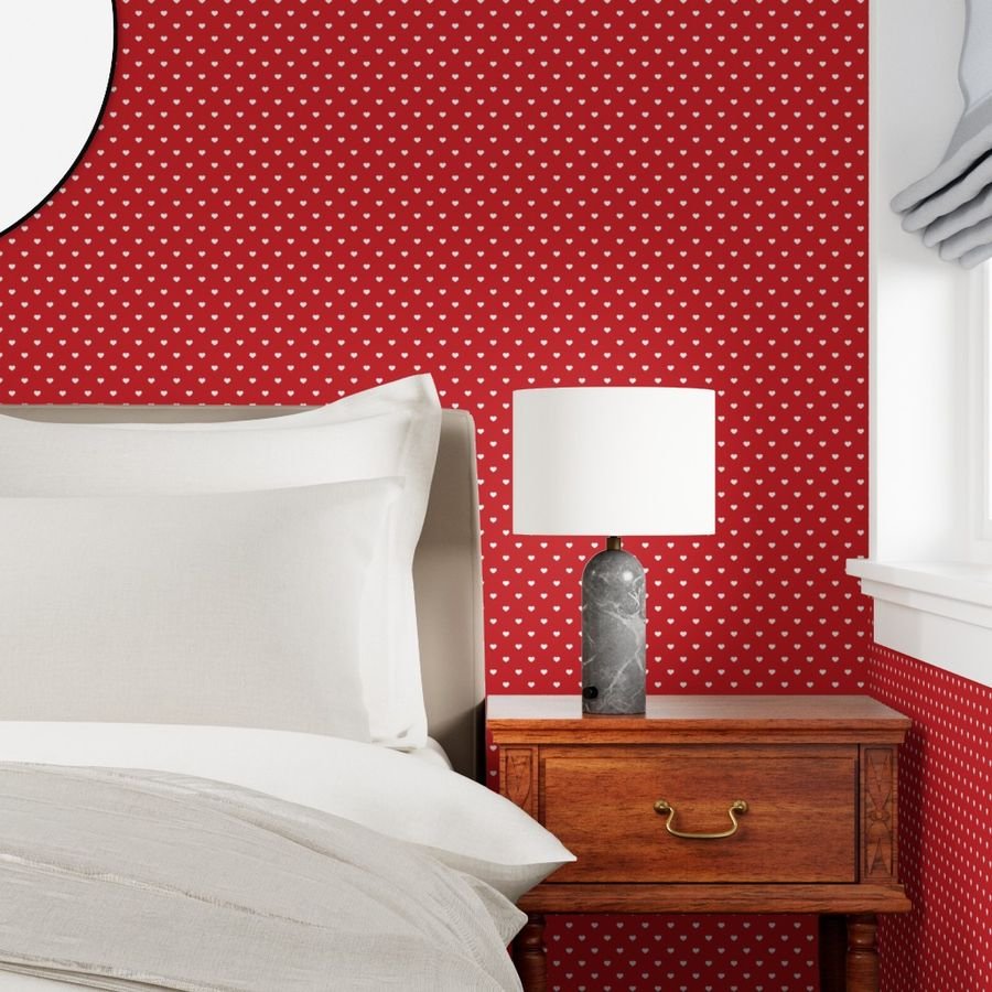 Mini White Valentines Polkadot Love Hearts on Poppy Red Background Wallpaper poppy and white wallpaper
