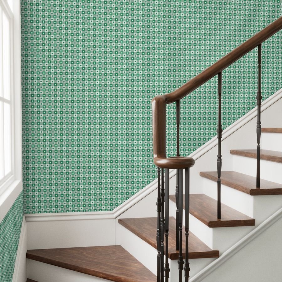 Kelly and White Gingham Check with Center Shamrock Medallions in Wallpaper gingham with shamroc wallpaper