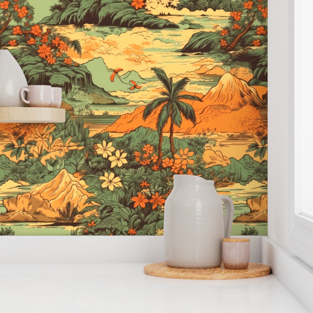 Vintage Hawaiian Landscape Green Wallpaper hawaiian landscape wallpaper