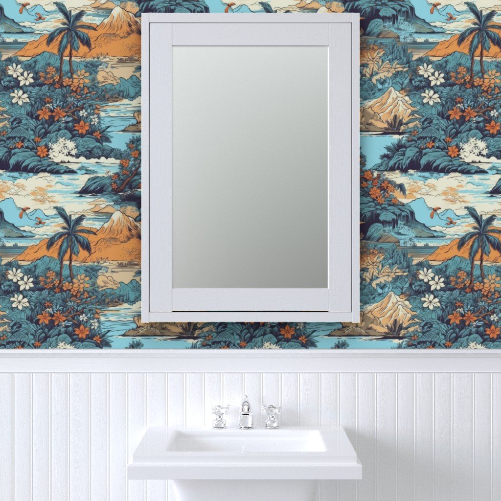 Vintage Hawaiian Landscape Blue Wallpaper hawaiian landscape wallpaper