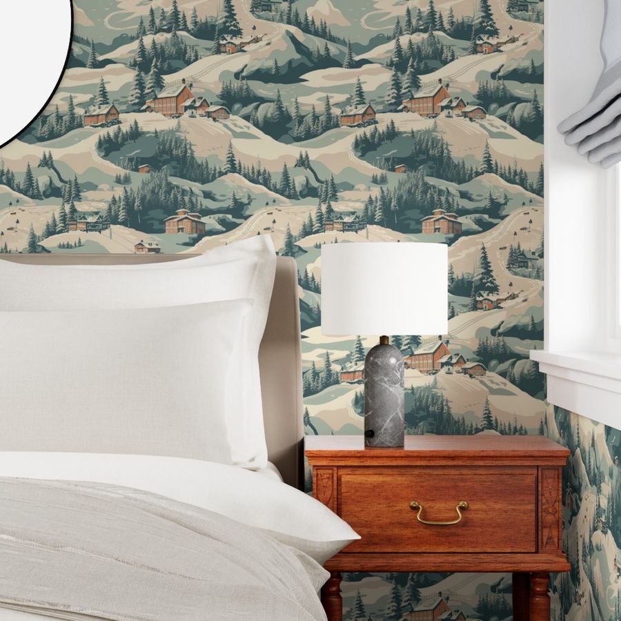 Vintage Ski Slope Blue Interior Collection Decor Collection winter scene wallpaper