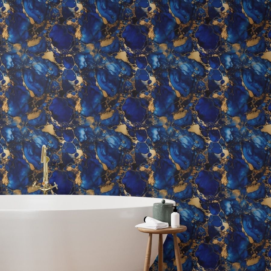 Cobalt Blue and Gold Alcohol Ink 1 Wallpaper metallic swirls wallpaper
