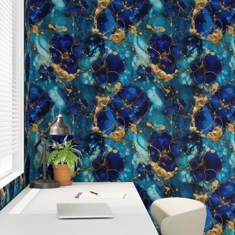 Gold and Blue Sapphire Alcohol Ink 2 Wallpaper metallic swirls wallpaper
