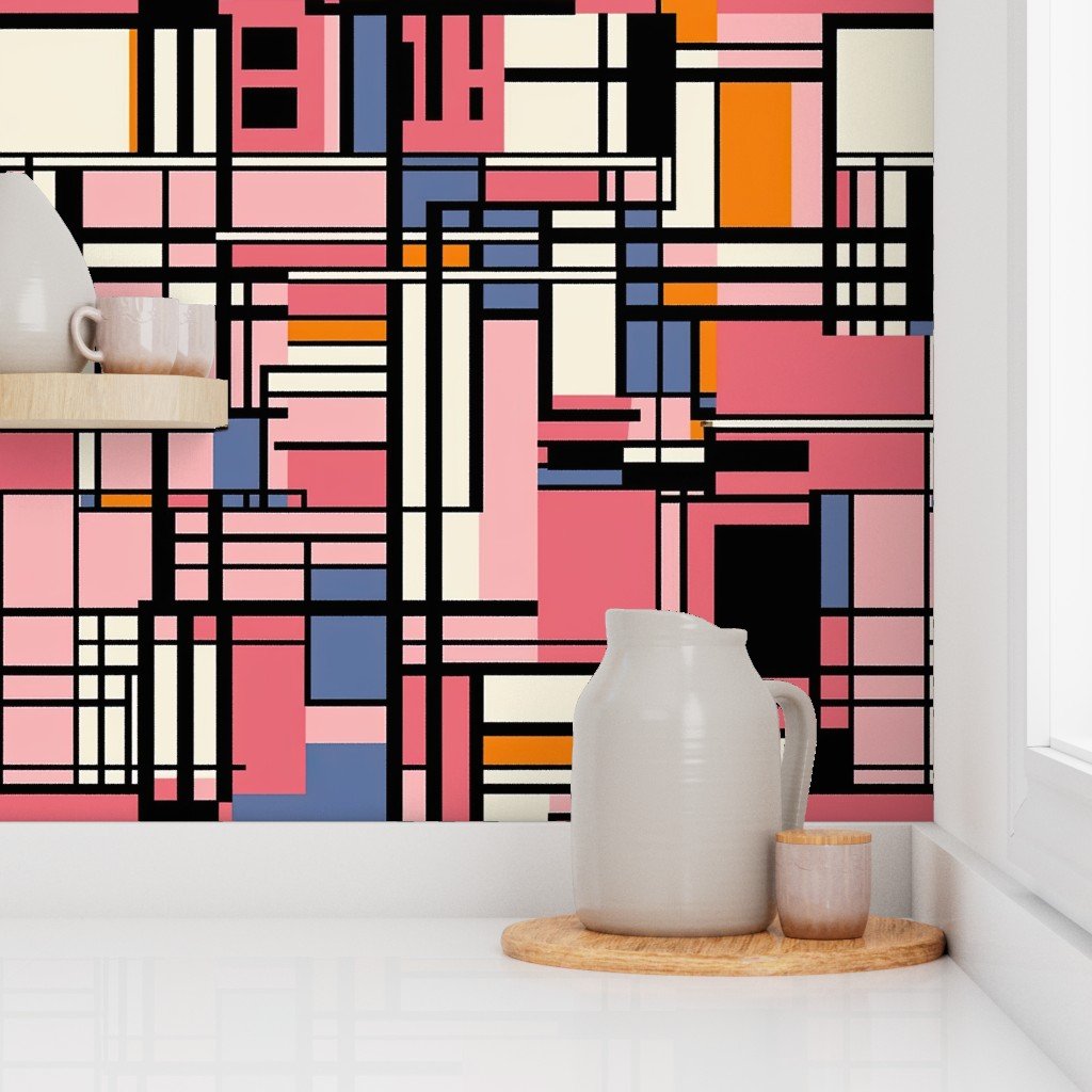 De Stijl Geometric Color Pattern in Pink Wallpaper abstract art wallpaper