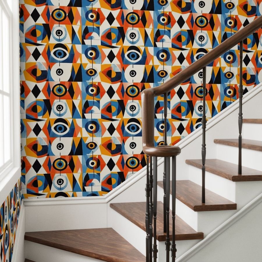 Evil Eye in Geometric Pattern of Bright Colors Wallpaper evil eye wallpaper