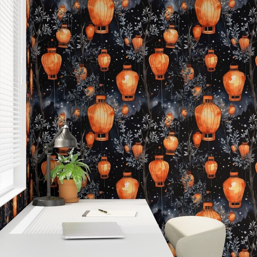 Orange Glowing Chinese Paper Lanterns Watercolor Wallpaper rice paper lanterns wallpaper