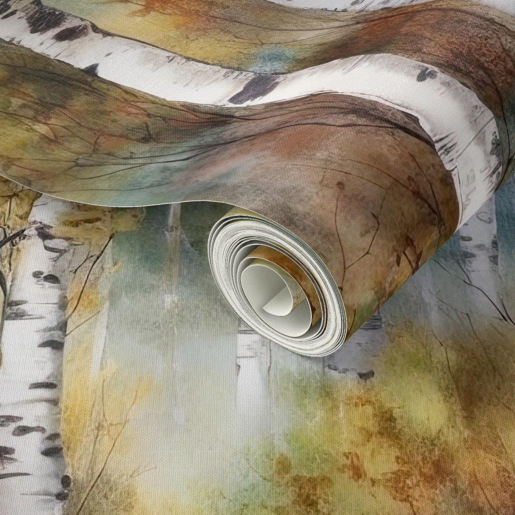 Endless Birch Tree Dreamscape Trees in Misty Forest Watercolor Wallpaper tree repeat wallpaper