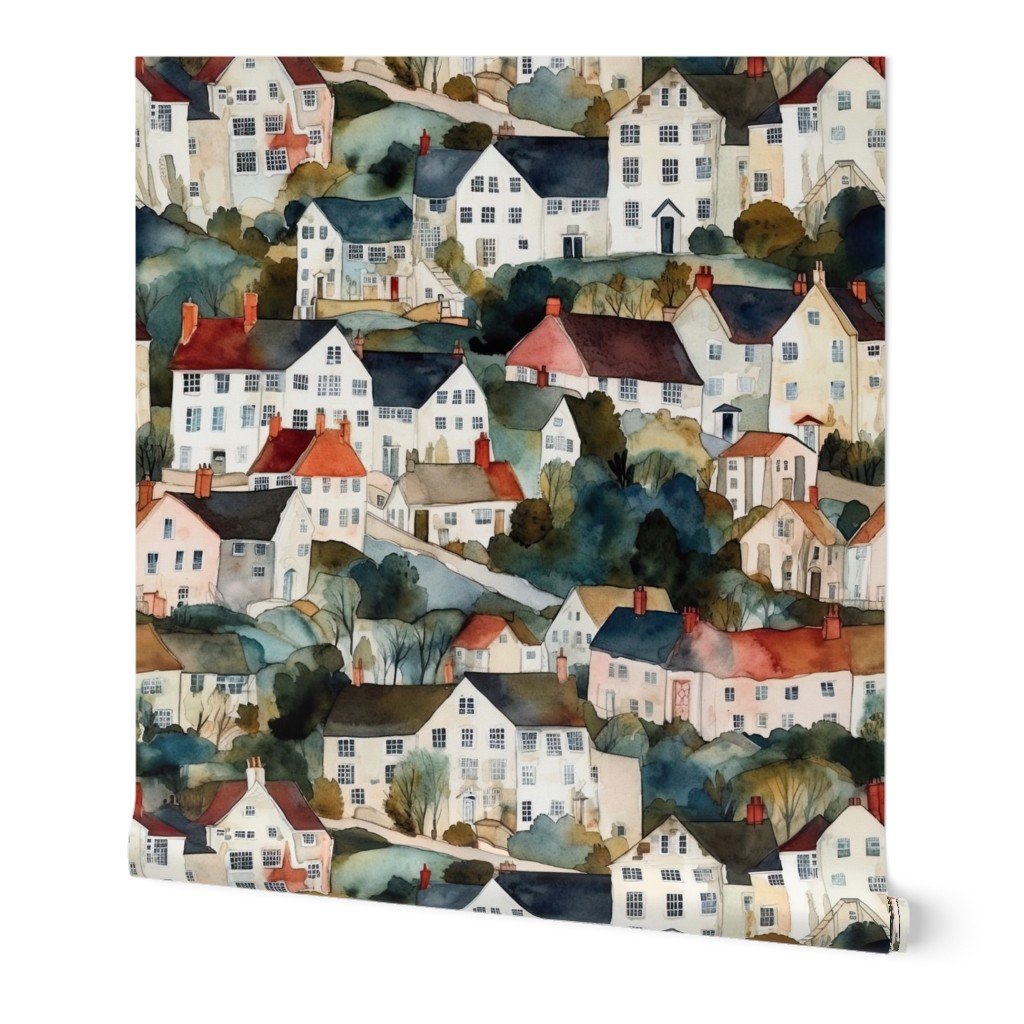 English Village Houses in Watercolor Wallpaper english village wallpaper