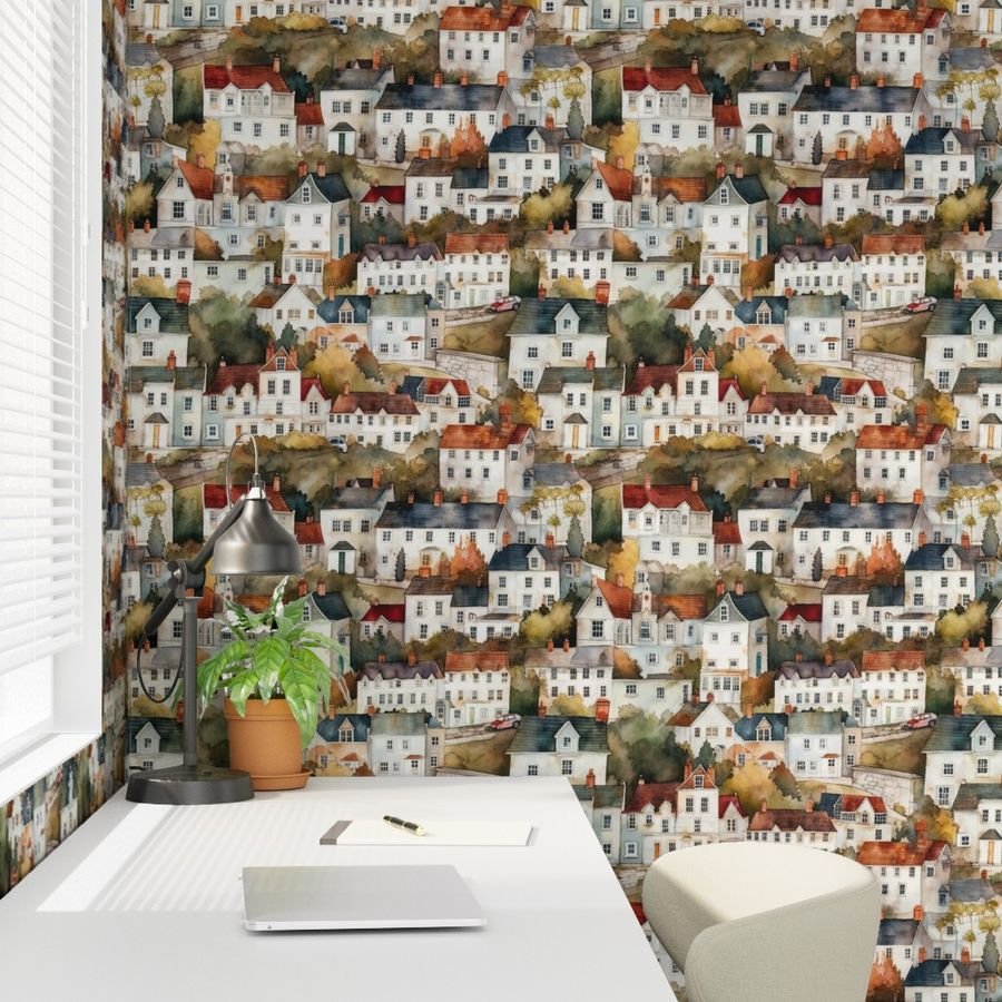 English Town Houses in Watercolor Wallpaper english village wallpaper
