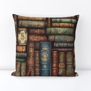 Stacked Bound Vintage Books on Library Book Shelf Decor Collection Home Decor Collection library shelf throw pillow design