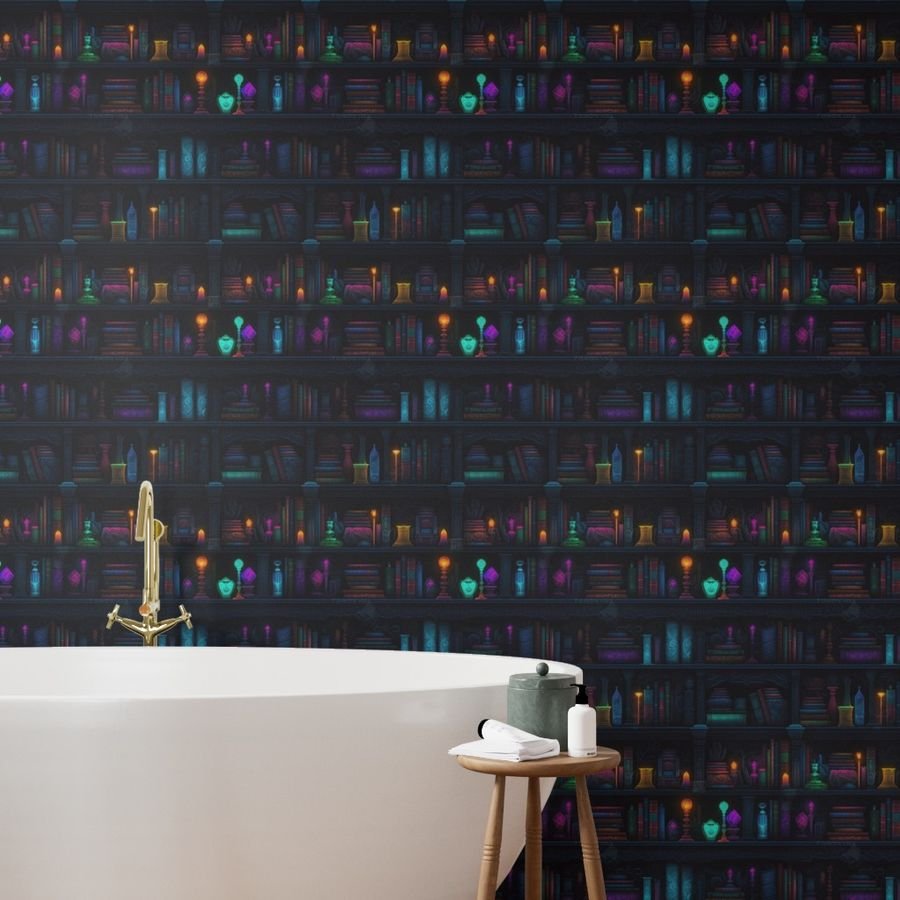 Spooky Photo realistic Dark Academia Bookshelves in Bright Neons Wallpaper spooky library wallpaper