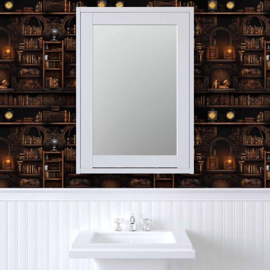 Spooky Photo realistic Dark Academia Stampunk Bookshelves in Muted Wallpaper book shelves wallpaper