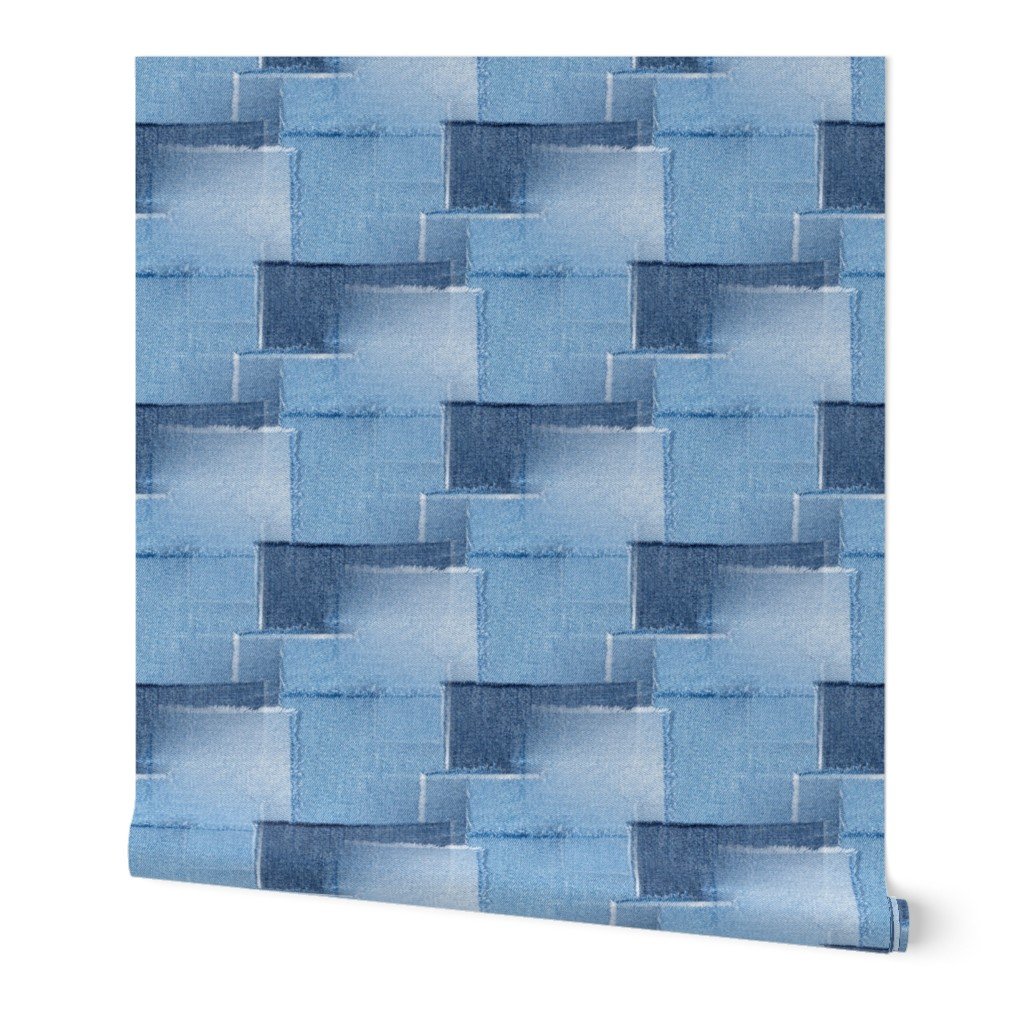 Abstract Patchwork Pattern of Frayed and Fringed Patches of Blue Wallpaper denim patchwork wallpaper