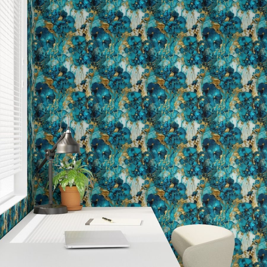 Small Turquoise and Gold Alcohol Ink 4 Wallpaper turquoise ink wallpaper