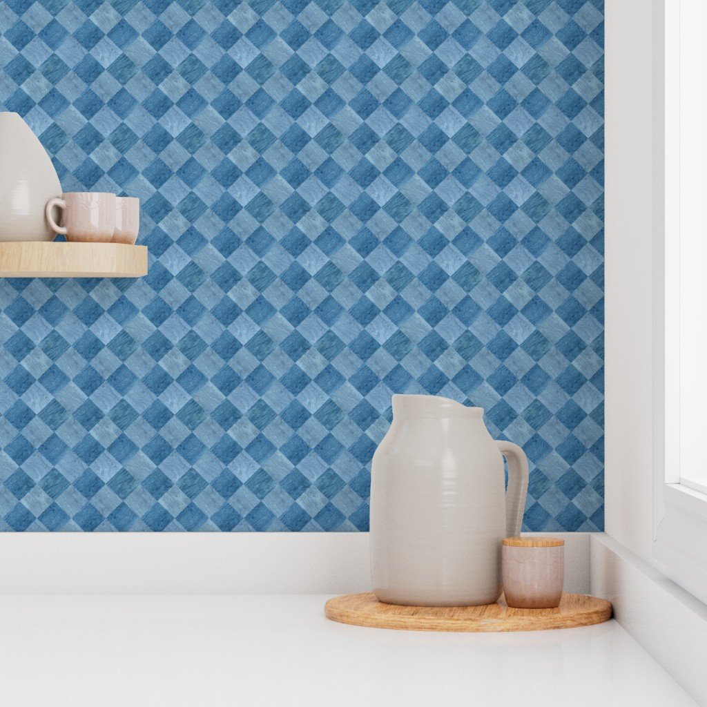 2 inch Diagonal Light and Dark Blue Stained Wood Checkerboard Chess Wallpaper blue wood wallpaper