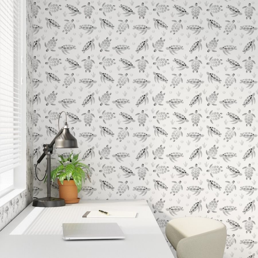 Grey Ombre Watercolor Sea Turtle Print Interior Collection Home Decor Collection aquatic life wallpaper