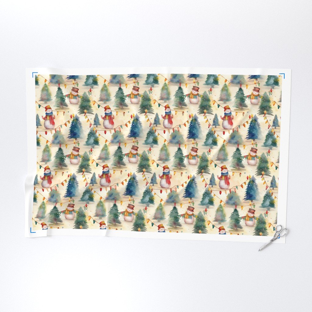 Christmas Snowmen with Christmas Lighted Trees Watercolor Fabric evergreen trees fabric