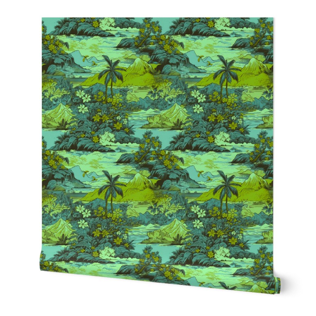 Small Vintage Hawaiian Landscape in Lime and Aqua Wallpaper tropical landscape wallpaper