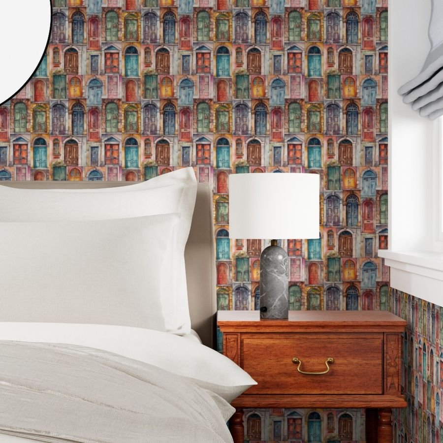 Architectural Doors in Multicolor Watercolors Wallpaper multi colors wallpaper
