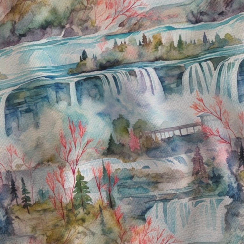 Majestic Niagra Falls Waterfall Border of Two North American Fabric cascading falls fabric
