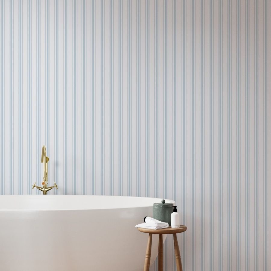 Sky Blue French Provincial Ticking Stripe on Off-White Wallpaper winter ticking wallpaper