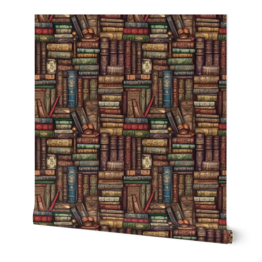 Small Stacked Bound Vintage Books on Library Book Shelf Wallpaper leather books wallpaper