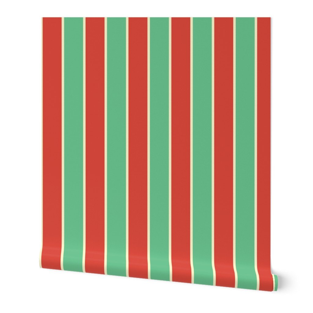 3 Inch Red Vermillion Green and Yellow Gold Vintage Christmas Stripe Wallpaper vertical stripe wallpaper
