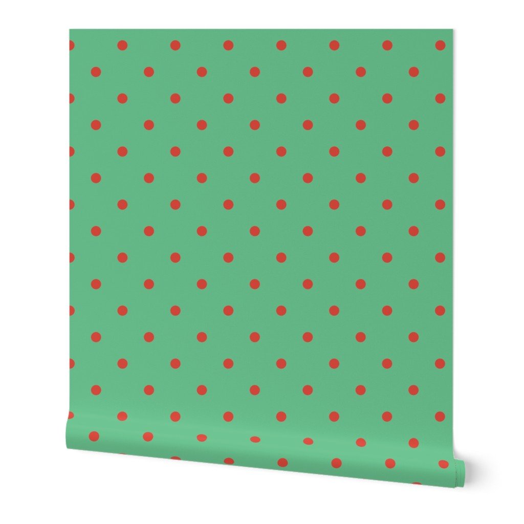 Red Vermillion Polka Dots on Vintage Christmas Green Wallpaper yellow gold polkadot wallpaper