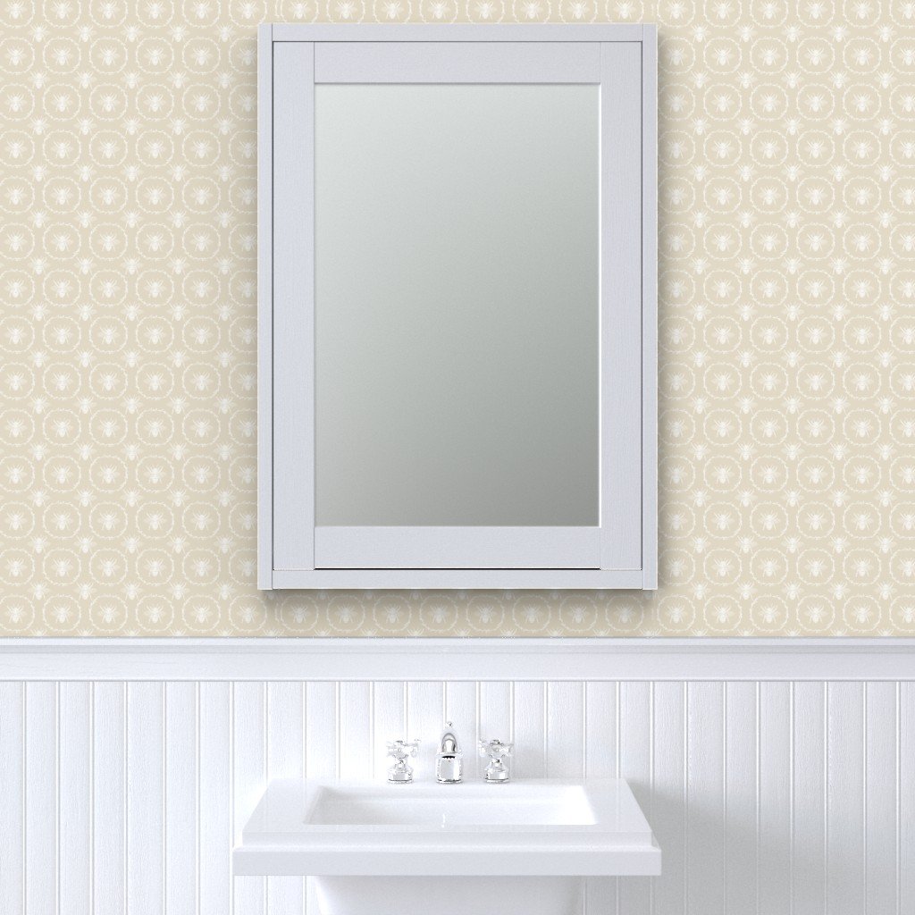 Small French Provincial Bees in Laurel Wreaths in White on Cream Wallpaper honey bees wallpaper