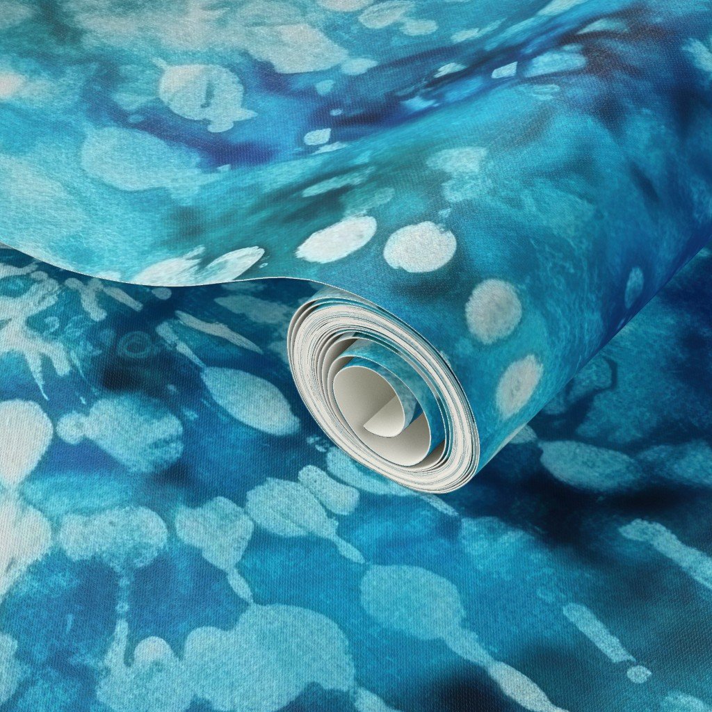 Jumbo Tie Dye Batik in Bright Blue Circling Swirls on Teal Wallpaper wax transfer wallpaper
