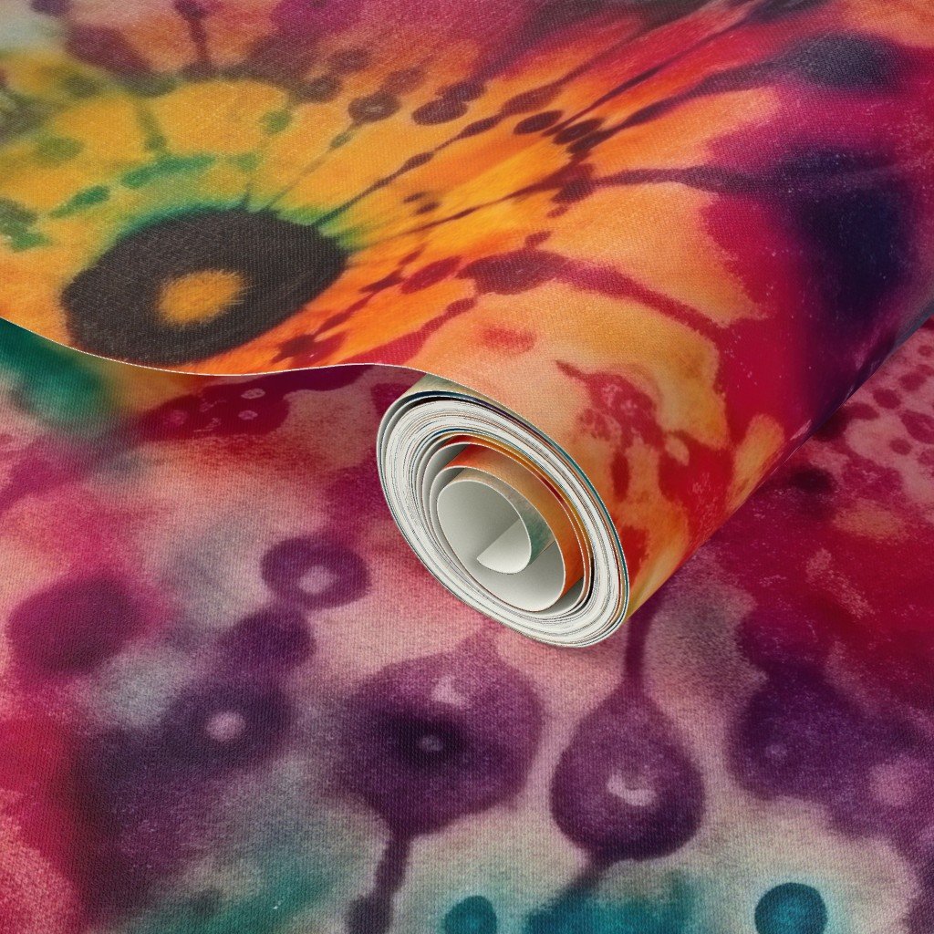 Jumbo Tie Dye Batik in Bright Multi Rainbow Colors Circling Swirls Interior Collection Home Styling Collection boho dye wallpaper