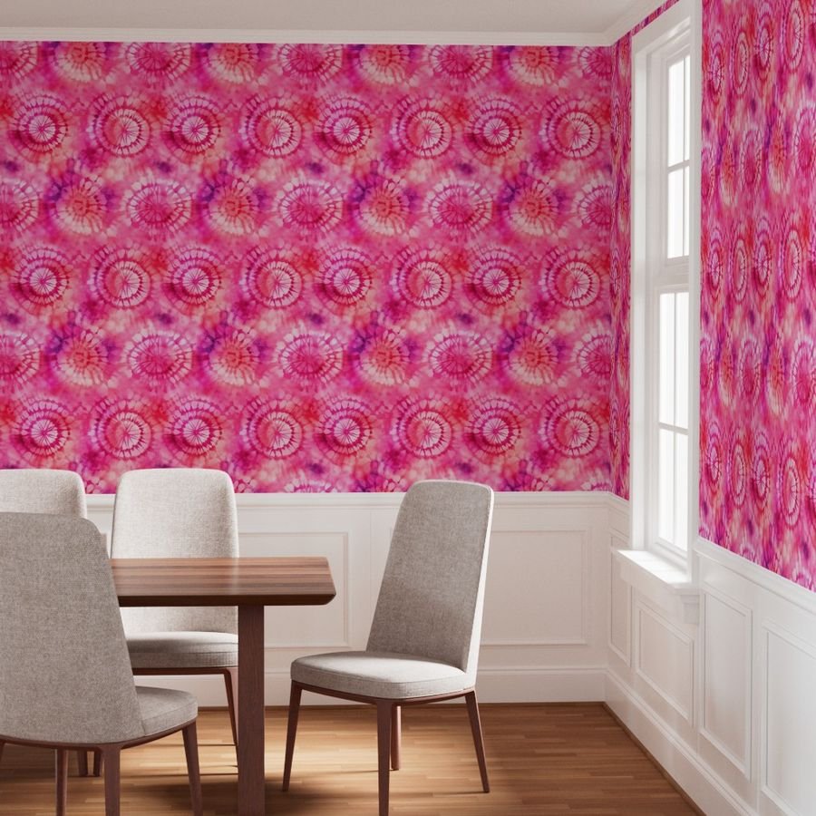 Jumbo Tie Dye Reddish Pink and Purple Circling Swirls Wallpaper wax transfer wallpaper