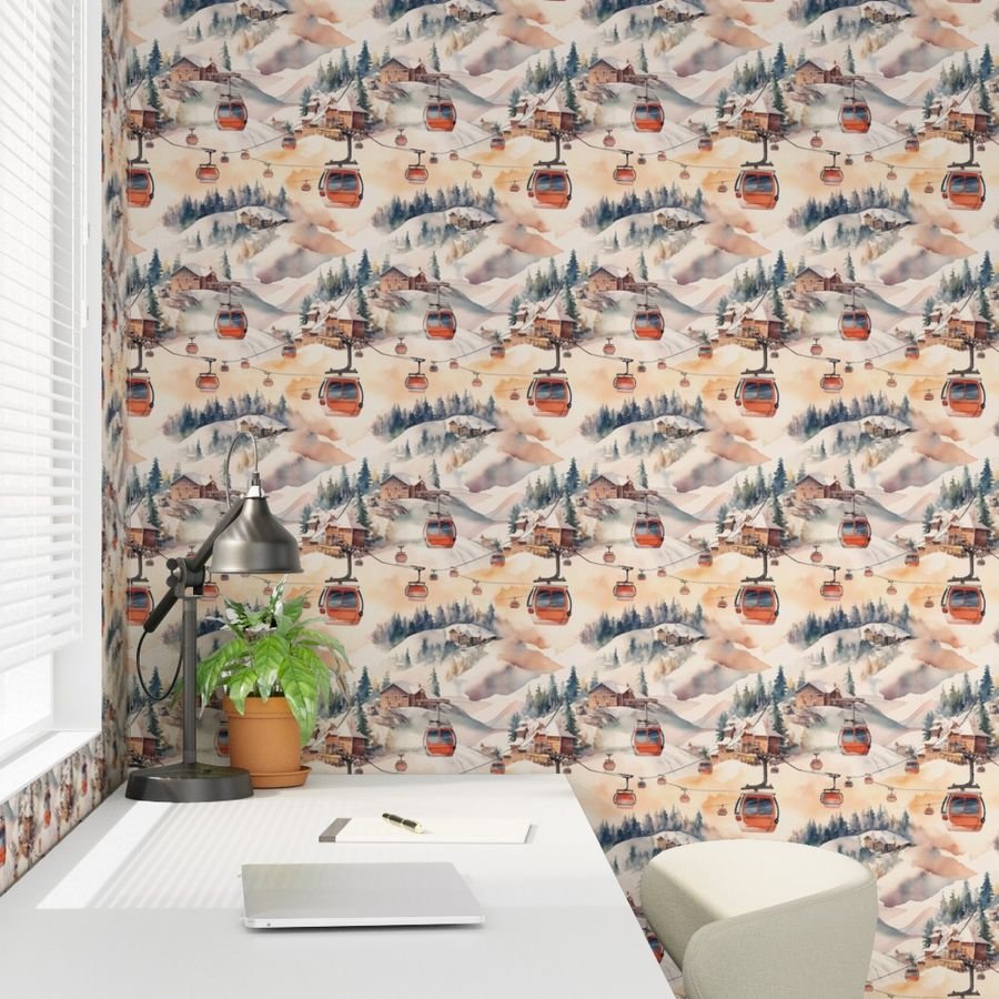 Vintage Ski Slope Cabins in Soft Pastels Wallpaper vintage print wallpaper