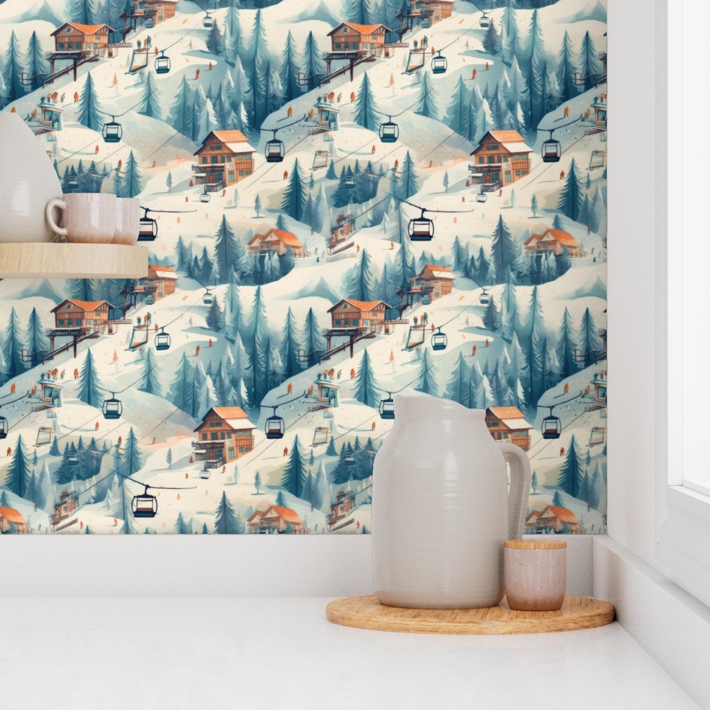Vintage Ski Slope Cabins in Blue Woods Wallpaper winter scene wallpaper