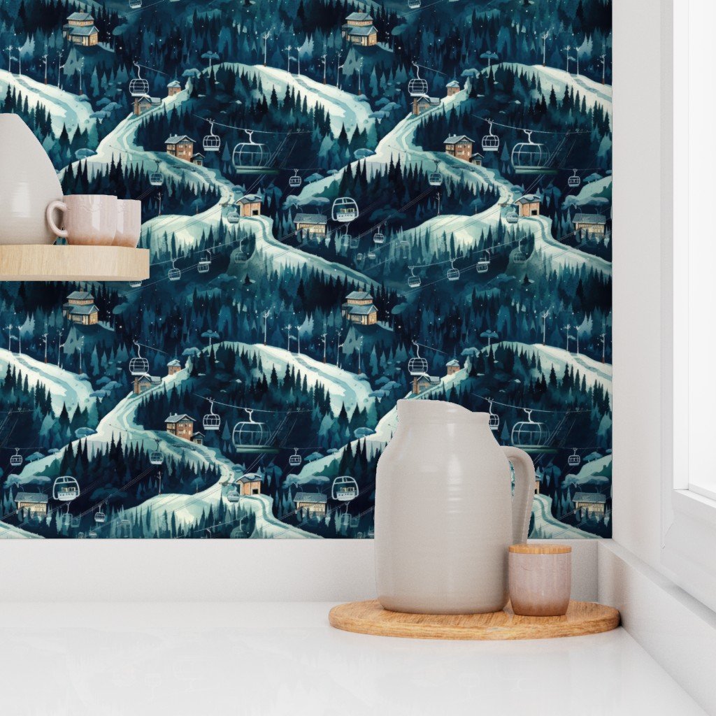 Vintage Ski Slope Cabins in Night Woods Blue Wallpaper winter scene wallpaper