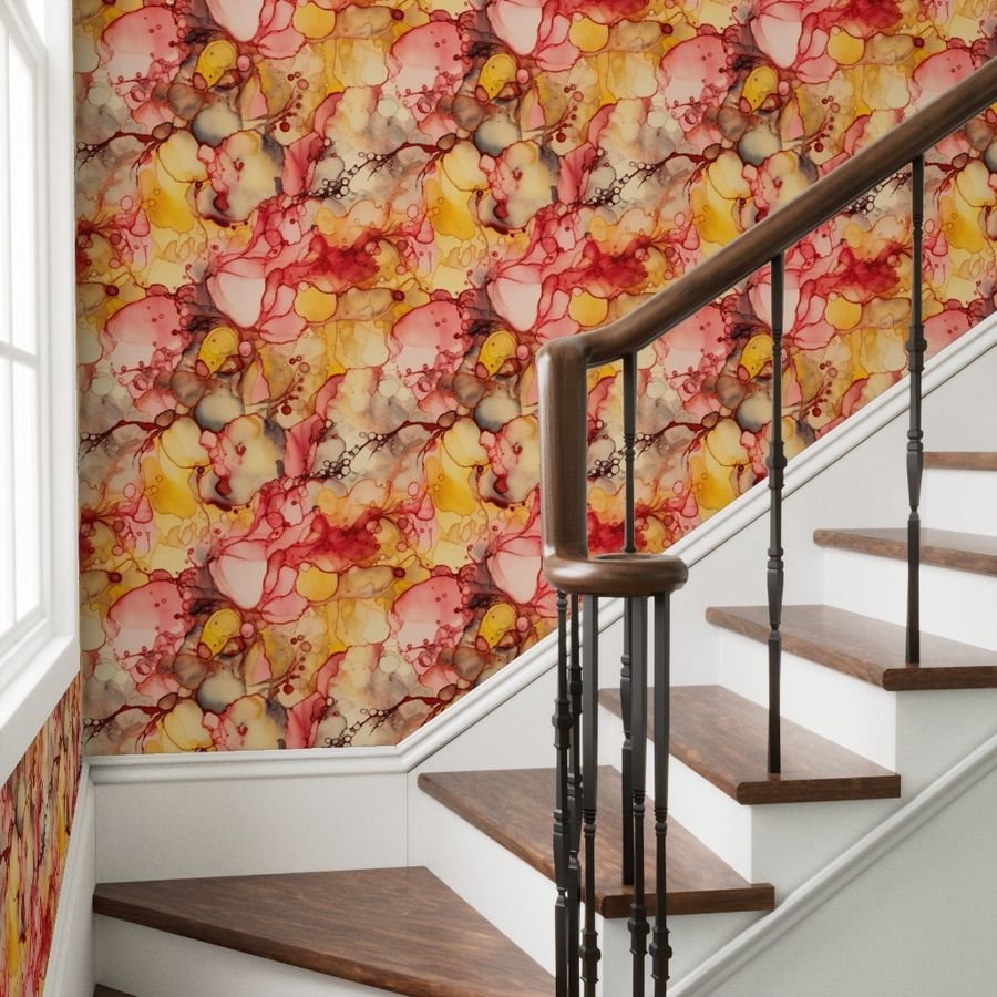 Sunrise Yellow and Peach with Rose Gold Alcohol Ink Liquid Swirls Wallpaper yellow sun wallpaper