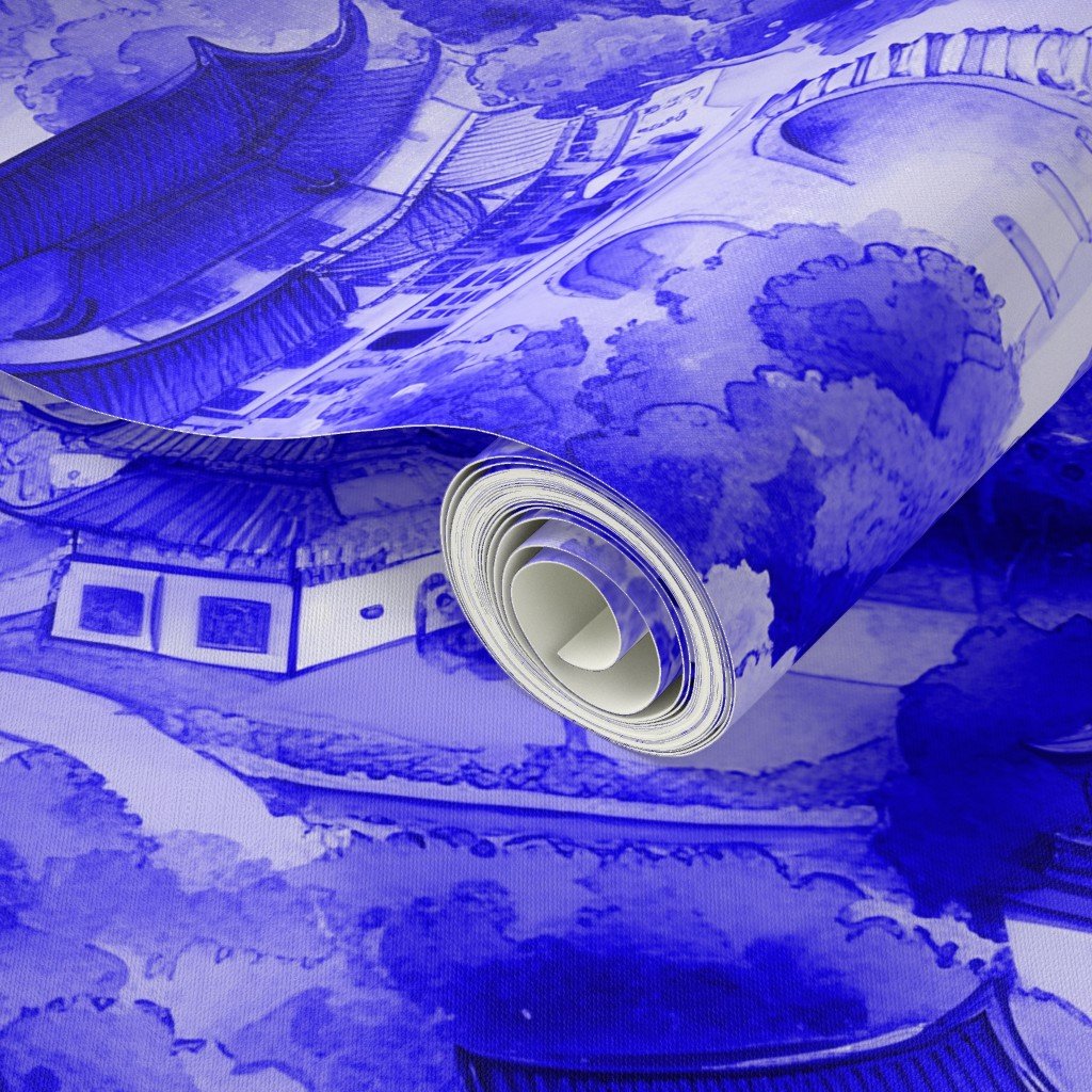 Small Chinese Village in Royal Blue Porcelain Glaze Wallpaper blue glaze wallpaper