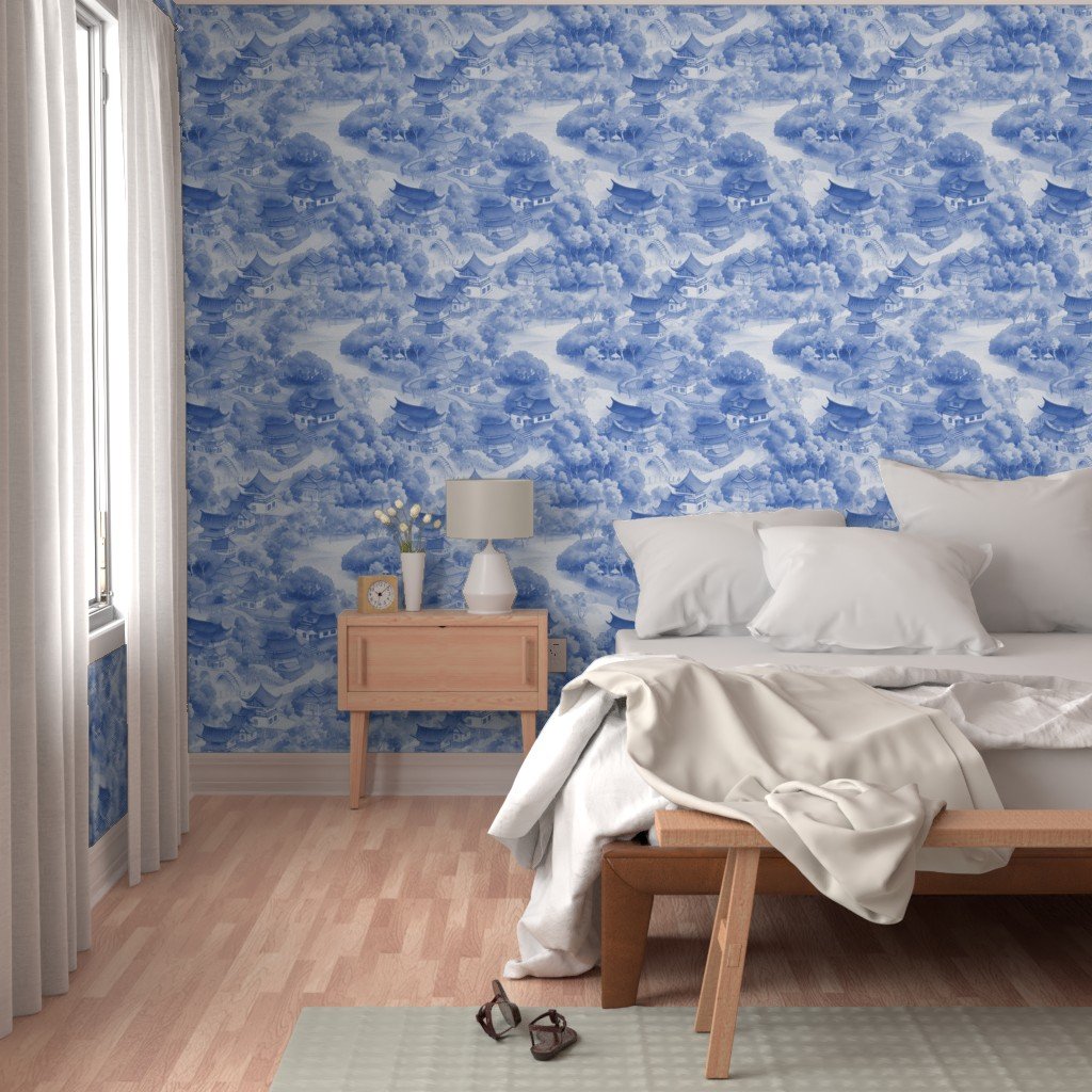 Small Chinese Village in Light Blue Porcelain Glaze Wallpaper blue porcelain wallpaper