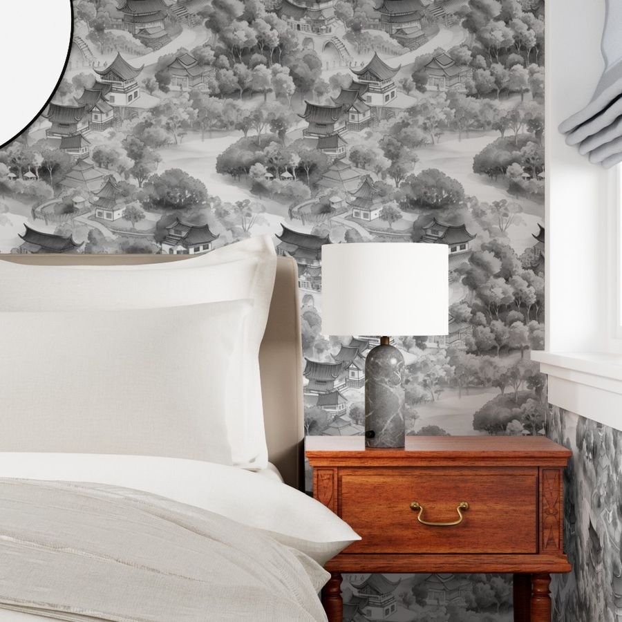 Small Chinese Village in Grey Porcelain Glaze Wallpaper grey porcelain glaze wallpaper