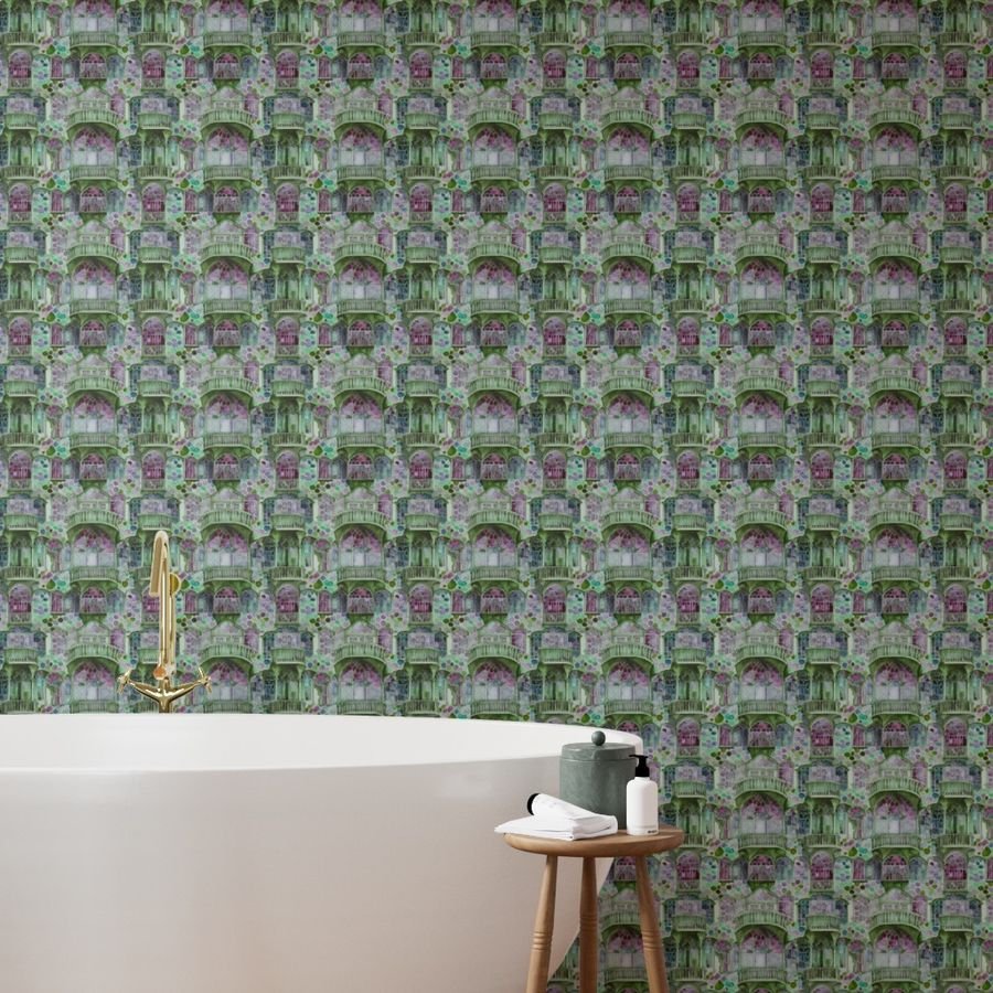 Barcelona House Architectural Detail in Windows Columns Arches and Wallpaper green decor wallpaper