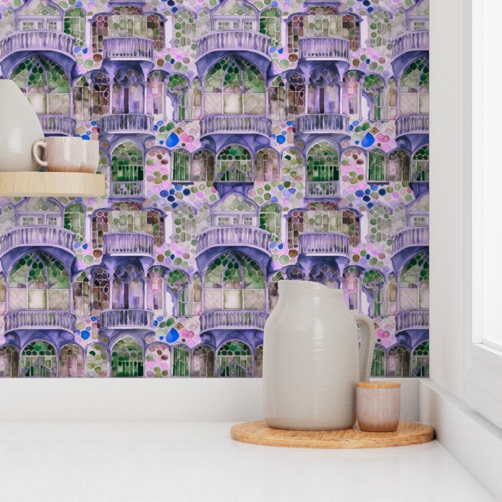 Barcelona House Architectural Detail in Windows Columns Arches and Wallpaper home decor wallpaper
