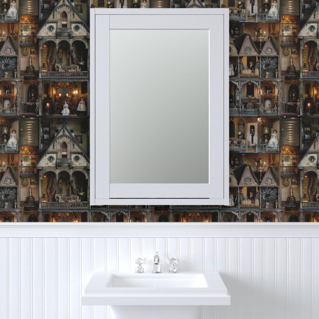 Victorian Gothic Haunted Dollshouse with Dolls in Dark Academia Wallpaper gothic rooms wallpaper