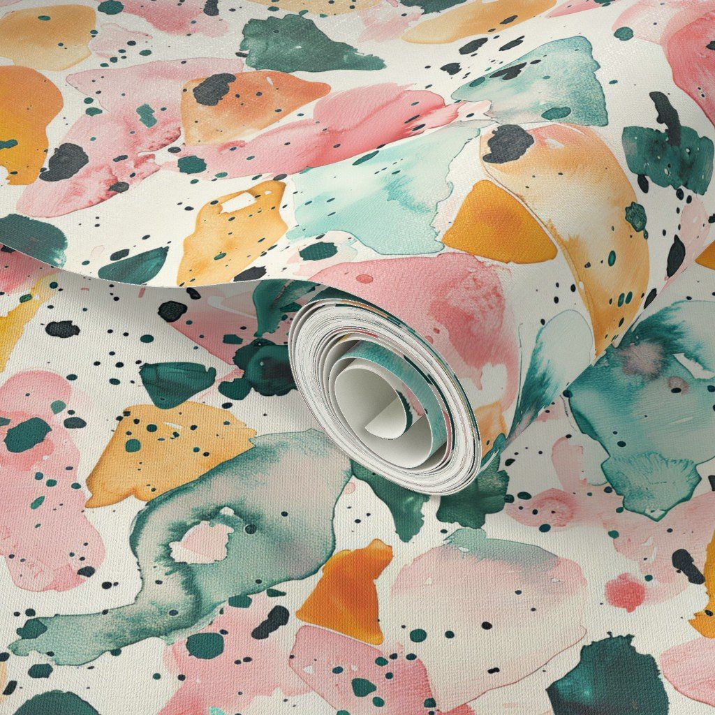 Orange Rose and Aqua Watercolor Terrazzo Splashes Wallpaper orange terrazzo wallpaper