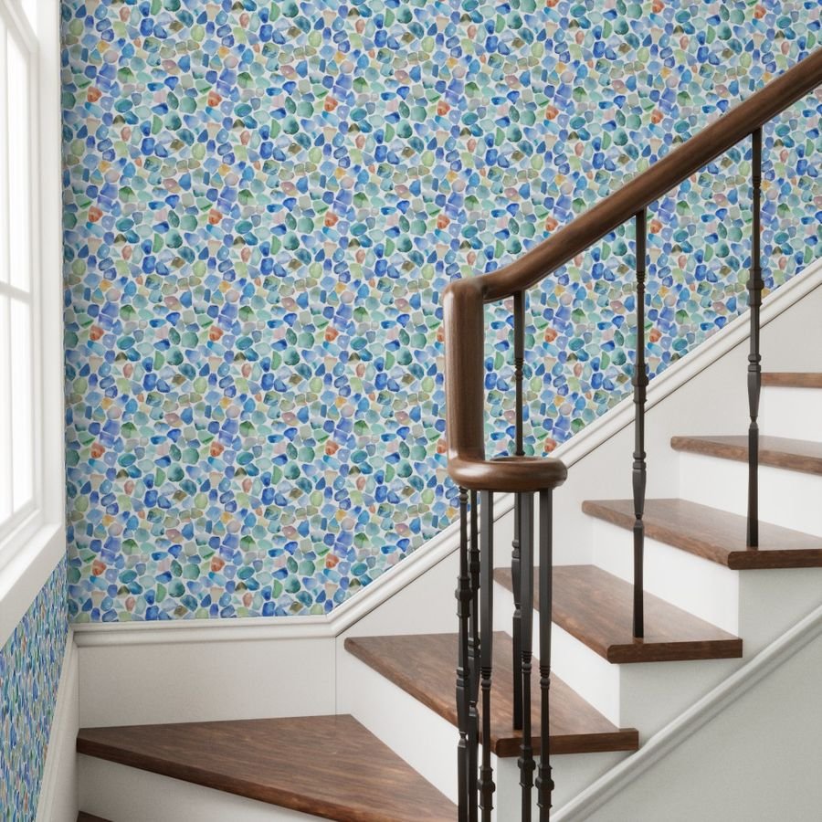 Blue Toned Shards of Tumbled and Scattered Watercolor Seaglass Wallpaper seaglass tile wallpaper